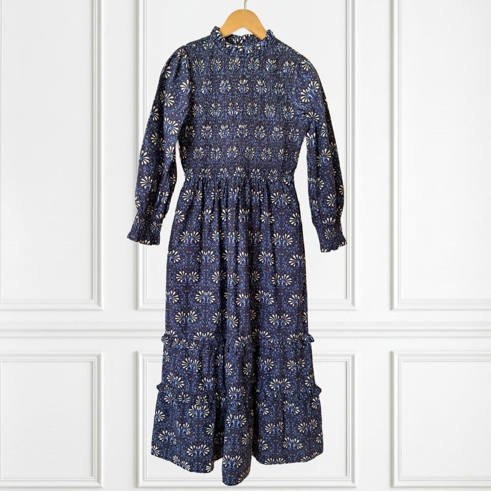 Pink City Prints Isabel Smocked Tiered Maxi Dress Small Midnight Vine Blue - Picture 9 of 10